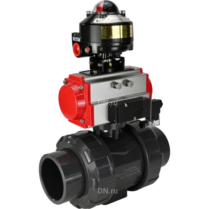 Кран шаровой BV4242E-FP-GRM-ISO Дн15 Ру10 полнопроходной, корпус - НПВХ, шар - НПВХ, уплотнение - EPDM, с пневмоприводом PA-DA-052, пневмораспределителем 4M310-08 AC220V и БКВ APL-510N EX в Барнауле