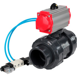 Кран шаровой BV4242E-FP-GRM-ISO Дн20 Ру10 полнопроходной, корпус - НПВХ, шар - НПВХ, уплотнение - EPDM, с пневмоприводом PA-SA-052 и пневмораспределителем 4V320-10 AC220V