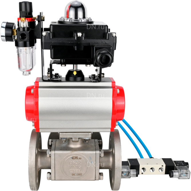 Кран шаровой BV3232P(4pc)-FP-3WL-F Ду15 Ру16 полнопроходной трехходовой, фланцевый, корпус - нержавеющая сталь SS316, с пневмоприводом PA-DA-052 двойного действия, пневмораспределителем 4V320-08 AC220V, БКВ APL-410N EX и БПВ AFC2000 в Барнауле