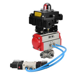 Кран шаровой BV3232P(4pc)-SP-3WL-T-ISO-H Ду10 Ру63, стандартнопроходной, четырехсоставной, корпус - нержавеющая сталь 316, уплотнение - PTFE, внутренняя резьба, с пневмоприводом PA-SA-052, пневмораспределителем 4V320-10 AC220V, БКВ APL-410N Ex