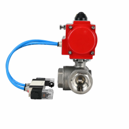 Кран шаровой BV3232P(4pc)-SP-3WL-T-ISO-H WDVF Ду32 Ру63 стандартнопроходной, 3-ходовой L-тип, внутренняя резьба, корпус - нержавеющая сталь AISI 316, уплотнение - PTFE, с пневмоприводом PA-DA-083 и пневмораспределителем 4V320-08 AC220V