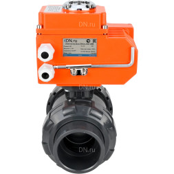 Кран шаровой BV4242E-FP-GRM-ISO Дн15 Ру10 полнопроходной, клеевой с разборным муфтовым соединением, корпус - НПВХ, шар - НПВХ, уплотнение - EPDM, с электроприводом QT-N-003EM-O1-24VDC-У1 HARK