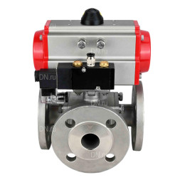 Кран шаровой BV3232P(4pc)-FP-3WL-F Ду25 Ру16 полнопроходной трехходовой, фланцевый, корпус - нержавеющая сталь SS316, с пневмоприводом PA-DA-052 двойного действия и пневмораспределителем 4M310-08 AC220V
