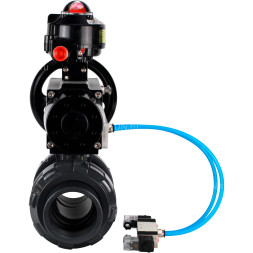 Кран шаровой BV4242E-FP-GRM-ISO Дн80 Ру10 полнопроходной, корпус - НПВХ, шар - НПВХ, уплотнение - EPDM, с пневмоприводом PA-DA-105-1, пневмораспределителем 4V320-08 AC220V и БКВ APL-510N EX