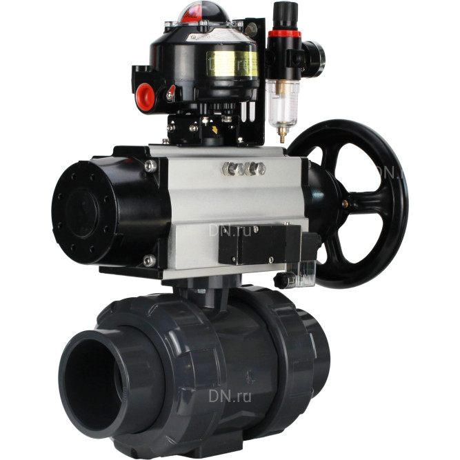 Кран шаровой BV4242E-FP-GRM-ISO Дн32 Ру10 полнопроходной, корпус - НПВХ, шар - НПВХ, уплотнение - EPDM, с пневмоприводом PA-DA-105-1, пневмораспределителем 4M310-08 AC220V, БКВ APL-510N EX и БПВ AFC2000 в Барнауле