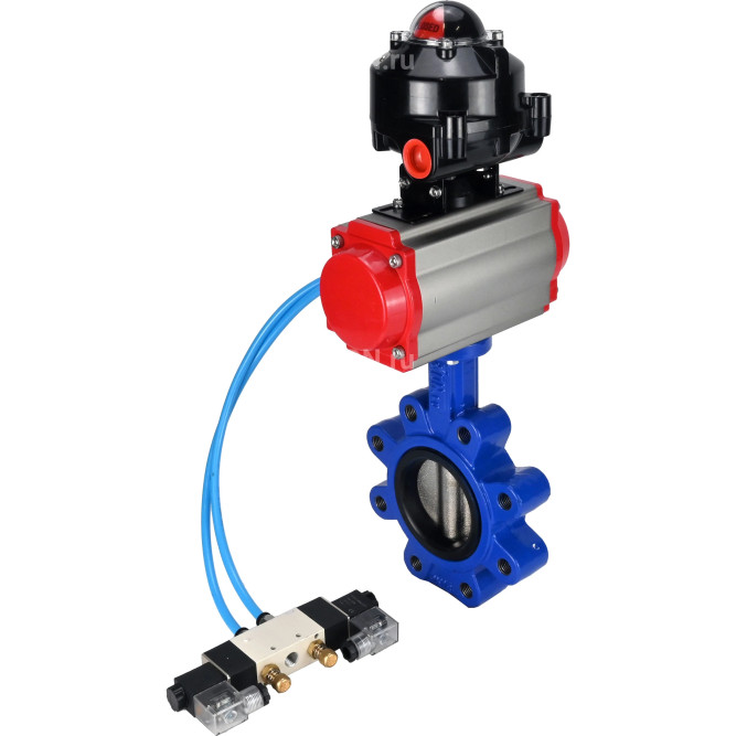 Затвор дисковый поворотный WBV1616E-2W-Fb-H Ду150 Ру16 LUG корпус - чугун QT450, диск - чугун QT450, уплотнение - EPDM, с пневмоприводом PA-DA-105, пневмораспределителем 4V320-10 AC220V и БКВ APL-510N EX в Барнауле