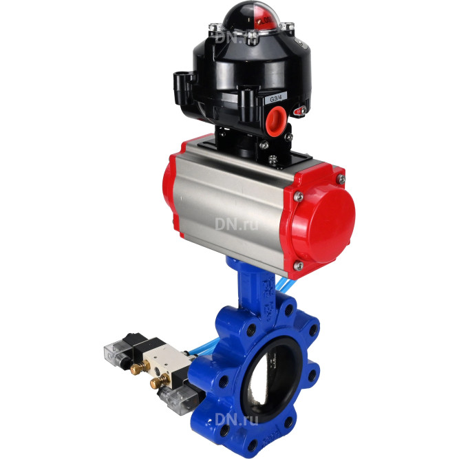Затвор дисковый поворотный WBV1616E-2W-Fb-H Ду150 Ру16 LUG корпус - чугун QT450, диск - чугун QT450, уплотнение - EPDM, с пневмоприводом PA-DA-105, пневмораспределителем 4V320-10 AC220V и БКВ APL-510N EX в Барнауле