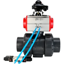 Кран шаровой BV4242E-FP-GRM-ISO Дн80 Ру10 полнопроходной, корпус - НПВХ, шар - НПВХ, уплотнение - EPDM, с пневмоприводом PA-DA-065, пневмораспределителем 4V320-10 AC220V и БКВ APL-210N