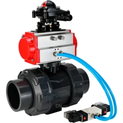 Кран шаровой BV4242E-FP-GRM-ISO Дн80 Ру10 полнопроходной, корпус - НПВХ, шар - НПВХ, уплотнение - EPDM, с пневмоприводом PA-DA-065, пневмораспределителем 4V320-10 AC220V и БКВ APL-210N