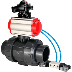 Кран шаровой BV4242E-FP-GRM-ISO Дн80 Ру10 полнопроходной, корпус - НПВХ, шар - НПВХ, уплотнение - EPDM, с пневмоприводом PA-DA-065, пневмораспределителем 4V320-10 AC220V и БКВ APL-210N