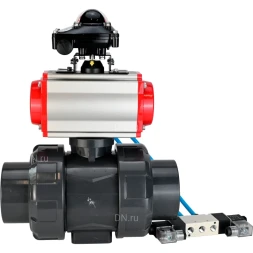 Кран шаровой BV4242E-FP-GRM-ISO Дн80 Ру10 полнопроходной, корпус - НПВХ, шар - НПВХ, уплотнение - EPDM, с пневмоприводом PA-DA-065, пневмораспределителем 4V320-10 AC220V и БКВ APL-210N