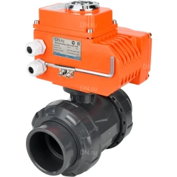 Кран шаровой BV4242E-FP-GRM-ISO Дн32 Ру10 полнопроходной, клеевой с разборным муфтовым соединением, корпус - НПВХ, шар - НПВХ, уплотнение - EPDM, с электроприводом QT-N-003EM-O1-24VDC-У1 HARK