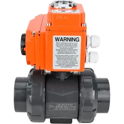 Кран шаровой BV4242E-FP-GRM-ISO Дн32 Ру10 полнопроходной, клеевой с разборным муфтовым соединением, корпус - НПВХ, шар - НПВХ, уплотнение - EPDM, с электроприводом QT-N-003EM-O1-24VDC-У1 HARK