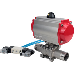 Кран шаровой BV3131P(3pc)-FP-W-ISO-H LONG Ду15 Ру63 полнопроходной, корпус - нержавеющая сталь 304, уплотнение - PTFE, под приварку, с пневмоприводом PA-SA-083 и пневмораспределителем 4V320-08 AC220V