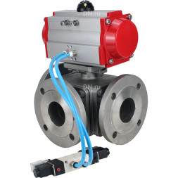 Кран шаровой BV3232P(4pc)-FP-3WL-F Ду80 Ру16 полнопроходной трехходовой, фланцевый, корпус - нержавеющая сталь SS316, с пневмоприводом PA-SA-140 с возвратными пружинами и пневмораспределителем 4V320-10 AC220V