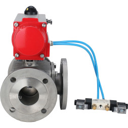 Кран шаровой BV3232P(4pc)-FP-3WL-F Ду80 Ру16 полнопроходной трехходовой, фланцевый, корпус - нержавеющая сталь SS316, с пневмоприводом PA-SA-140 с возвратными пружинами и пневмораспределителем 4V320-10 AC220V