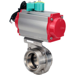 Затвор дисковый поворотный WBV3131S-2W-T-H Ду25 Ру10 резьбовой, пищевая нержавеющая сталь 304, уплотнение - Silicon, с пневмоприводом PA-DA-052, пневмораспределителем 4M310-08 DC24V и магнитным переключателем ALS200D