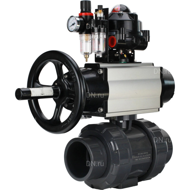 Кран шаровой BV4242E-FP-GRM-ISO Дн65 Ру10 полнопроходной, корпус - НПВХ, шар - НПВХ, уплотнение - EPDM, с пневмоприводом PA-DA-105-1, пневмораспределителем 4M310-08 AC220V, БКВ APL-510N EX и БПВ AFC2000 в Барнауле