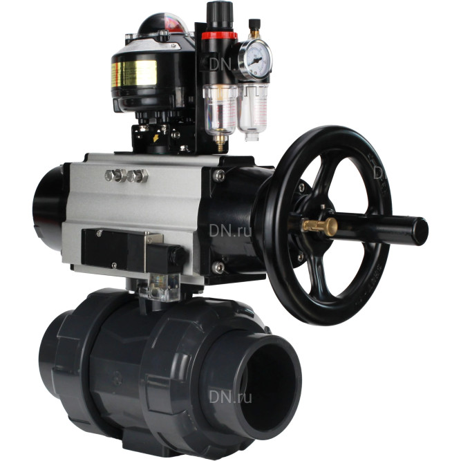 Кран шаровой BV4242E-FP-GRM-ISO Дн65 Ру10 полнопроходной, корпус - НПВХ, шар - НПВХ, уплотнение - EPDM, с пневмоприводом PA-DA-105-1, пневмораспределителем 4M310-08 AC220V, БКВ APL-510N EX и БПВ AFC2000 в Барнауле