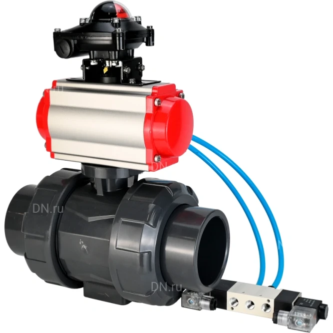 Кран шаровой BV4242E-FP-GRM-ISO Дн20 Ру10 полнопроходной, корпус - НПВХ, шар - НПВХ, уплотнение - EPDM, с пневмоприводом PA-SA-052, пневмораспределителем 4V320-10 AC220V и БКВ APL-210N в Барнауле