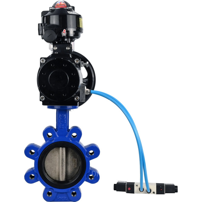 Затвор дисковый поворотный WBV1616E-2W-Fb-H Ду125 Ру16 LUG корпус - чугун QT450, диск - чугун QT450, уплотнение - EPDM, с пневмоприводом PA-DA-105-1, пневмораспределителем 4V320-10 AC220V, БКВ APL-510N EX и БПВ AFC2000 в Барнауле