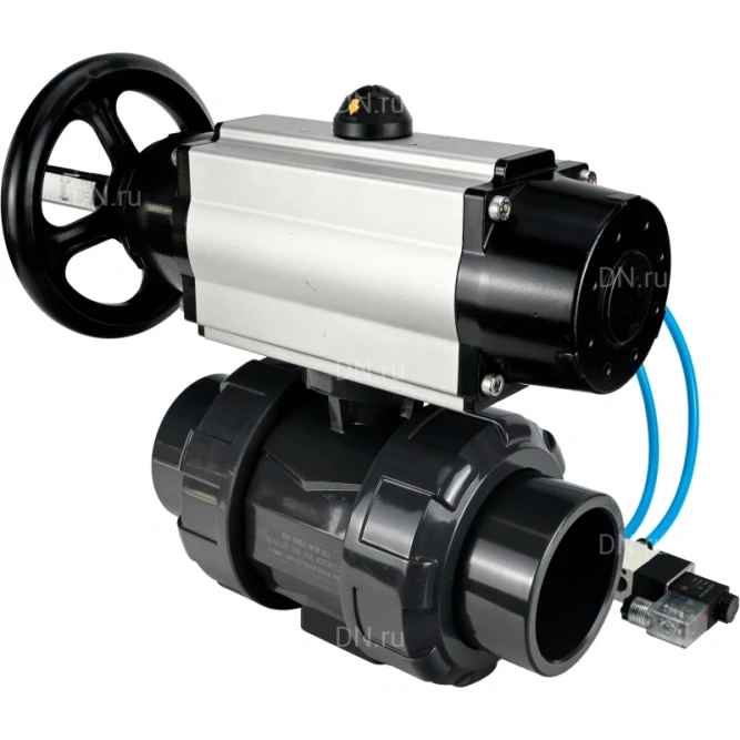 Кран шаровой BV4242E-FP-GRM-ISO Дн20 Ру10 полнопроходной, корпус - НПВХ, шар - НПВХ, уплотнение - EPDM, с пневмоприводом PA-DA-105-1 и пневмораспределителем 4V320-10 AC220V в Барнауле