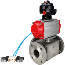 Кран шаровой BV3232P(4pc)-FP-3WL-F Ду65 Ру16 полнопроходной трехходовой, фланцевый, корпус - нержавеющая сталь SS316, с пневмоприводом PA-DA-083 двойного действия, пневмораспределителем 4V320-08 AC220V и БКВ APL-510N EX