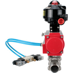 Кран шаровой BV3131P(3pc)-FP-W-ISO-H LONG Ду25 Ру63 полнопроходной, корпус - нержавеющая сталь 304, уплотнение - PTFE, под приварку, с пневмоприводом PA-DA-083, пневмораспределителем 4V320-10 AC220V и БКВ APL-510N EX