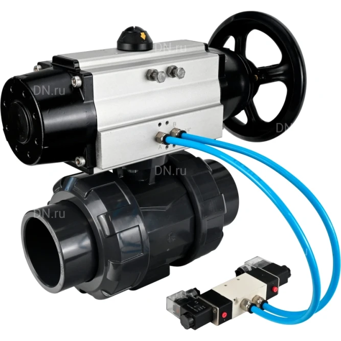 Кран шаровой BV4242E-FP-GRM-ISO Дн25 Ру10 полнопроходной, корпус - НПВХ, шар - НПВХ, уплотнение - EPDM, с пневмоприводом PA-DA-105-1 и пневмораспределителем 4V320-10 AC220V в Барнауле