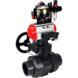 Кран шаровой BV4242E-FP-GRM-ISO Дн32 Ру10 полнопроходной, корпус - НПВХ, шар - НПВХ, уплотнение - EPDM, с пневмоприводом PA-DA-052, пневмораспределителем 4M310-08 AC220V, ручным дублером MON1-250-T26-ISO, БКВ APL-510N EX и БПВ AFC2000