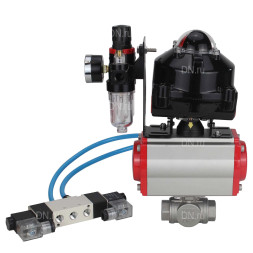 Кран шаровой BV3232P(4pc)-SP-3WL-T-ISO-H 2 1/2″ Ду65 Ру40 стандартнопроходной трехходовой L-тип, нержавеющая сталь SS316, внутренняя резьба, PTFE, с пн.приводом PA-SA-105 пн.распределителем 4V320-08 AC220V БПВ AFC2000 БКВ APL-510N-EX