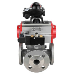 Кран шаровой BV3232P(4pc)-FP-3WL-F Ду100 Ру16 полнопроходной трехходовой, фланцевый, корпус - нержавеющая сталь SS316, с пневмоприводом PA-DA-105 двойного действия, пневмораспределителем 4M310-08 AC220V и БКВ APL-210N