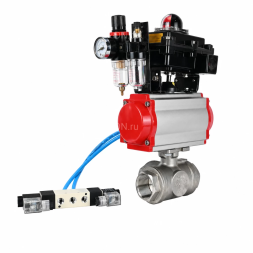 Кран шаровой BV3232P(4pc)-SP-3WL-T-ISO-H WDVF Ду65 Ру40 стандартнопроходной, 3-ходовой L-тип, внутренняя резьба, нержавеющая сталь AISI 316, PTFE, с пневмоприводом PA-DA-105, пневмораспределителем 4V320-08 AC220V, БКВ APL-410N EX и БПВ AFC2000