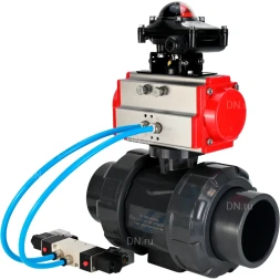Кран шаровой BV4242E-FP-GRM-ISO Дн80 Ру10 полнопроходной, корпус - НПВХ, шар - НПВХ, уплотнение - EPDM, с пневмоприводом PA-SA-065, пневмораспределителем 4V320-10 AC220V и БКВ APL-210N