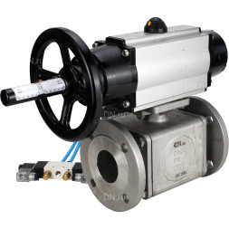 Кран шаровой BV3232P(4pc)-FP-3WL-F Ду100 Ру16 полнопроходной трехходовой, фланцевый, корпус - нержавеющая сталь SS316, с пневмоприводом PA-DA-105-1 двойного действия и пневмораспределителем 4V320-08 AC220V
