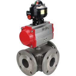 Кран шаровой BV3232P(4pc)-FP-3WL-F Ду65 Ру16 полнопроходной трехходовой, фланцевый, корпус - нержавеющая сталь SS316, с пневмоприводом PA-DA-083 двойного действия и БКВ APL-510N EX
