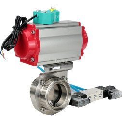 Затвор дисковый поворотный WBV3131S-2W-T-H Ду25 Ру10 резьбовой, пищевая нержавеющая сталь 304, уплотнение - Silicon, с пневмоприводом PA-DA-052, пневмораспределителем 4V320-08 AC220V и магнитным переключателем ALS200D