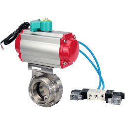 Затвор дисковый поворотный WBV3131S-2W-T-H Ду25 Ру10 резьбовой, пищевая нержавеющая сталь 304, уплотнение - Silicon, с пневмоприводом PA-DA-052, пневмораспределителем 4V320-08 AC220V и магнитным переключателем ALS200D