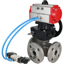 Кран шаровой BV3232P(4pc)-FP-3WL-F Ду25 Ру16 полнопроходной трехходовой, фланцевый, корпус - нержавеющая сталь SS316, с пневмоприводом PA-DA-052 двойного действия, пневмораспределителем 4V320-08 AC220V и ручным дублером MON1-250-T26-ISO