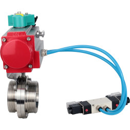 Затвор дисковый поворотный WBV3131S-2W-T-H Ду32 Ру10 резьбовой, пищевая нержавеющая сталь 304, уплотнение - Silicon, с пневмоприводом PA-DA-052, пневмораспределителем 4V320-08 AC220V и магнитным переключателем ALS200D