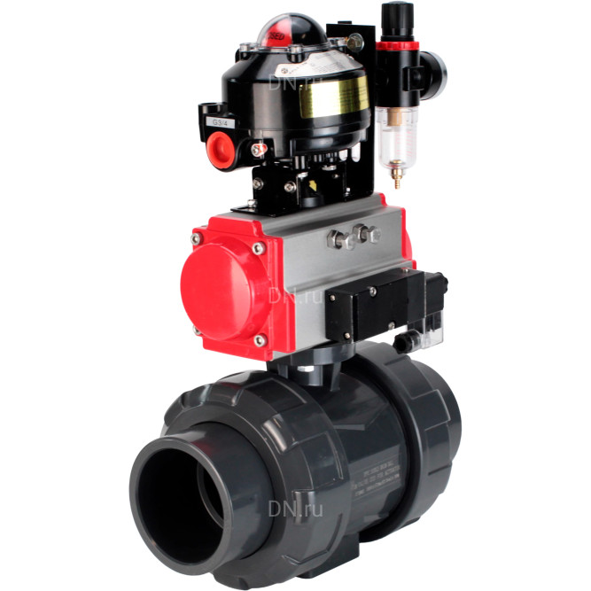 Кран шаровой BV4242E-FP-GRM-ISO Дн80 Ру10 полнопроходной, корпус - НПВХ, шар - НПВХ, уплотнение - EPDM, с пневмоприводом PA-DA-065, пневмораспределителем 4M310-08 DC24V, БКВ APL-510N EX и БПВ AFC2000 в Барнауле