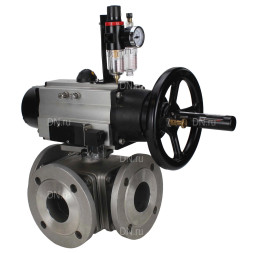 Кран шаровой BV3232P(4pc)-FP-3WL-F Ду100 Ру16 полнопроходной трехходовой, фланцевый, корпус - нержавеющая сталь SS316, с пневмоприводом PA-DA-105-1 двойного действия, пневмораспределителем 4M310-08 DC24V и БПВ AFC2000