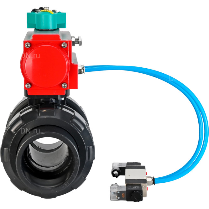 Кран шаровой BV4242E-FP-GRM-ISO Дн20 Ру10 полнопроходной, корпус - НПВХ, шар - НПВХ, уплотнение - EPDM, с пневмоприводом PA-DA-052, пневмораспределителем 4V320-08 AC220V и магнитным переключателем ALS200D в Барнауле