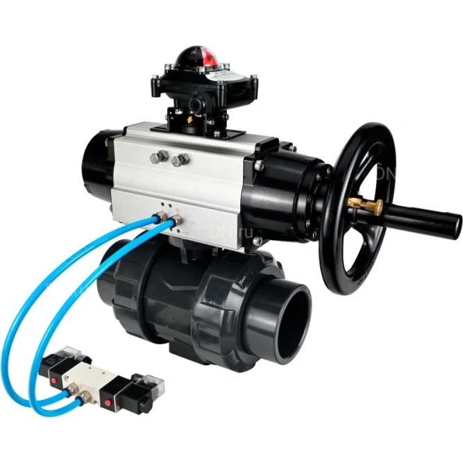 Кран шаровой BV4242E-FP-GRM-ISO Дн25 Ру10 полнопроходной, корпус - НПВХ, шар - НПВХ, уплотнение - EPDM, с пневмоприводом PA-DA-105-1, пневмораспределителем 4V320-10 AC220V и БКВ APL-210N в Барнауле