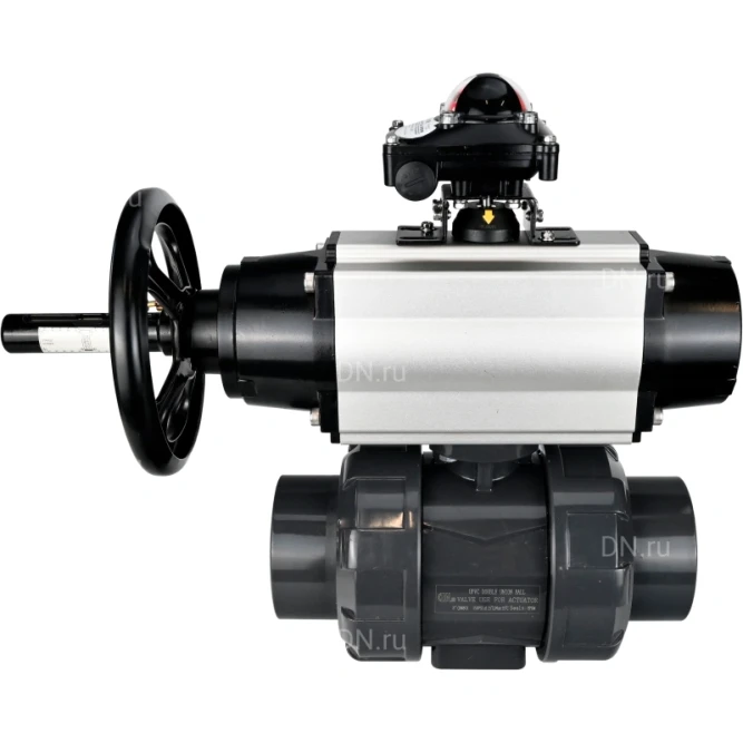 Кран шаровой BV4242E-FP-GRM-ISO Дн25 Ру10 полнопроходной, корпус - НПВХ, шар - НПВХ, уплотнение - EPDM, с пневмоприводом PA-DA-105-1, пневмораспределителем 4V320-10 AC220V и БКВ APL-210N в Барнауле