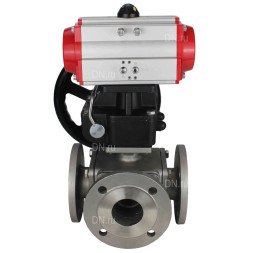 Кран шаровой BV3232P(4pc)-FP-3WL-F Ду25 Ру16 полнопроходной трехходовой, фланцевый, корпус - нержавеющая сталь SS316, с пневмоприводом PA-DA-052 двойного действия и ручным дублером MON1-250-T26-ISO