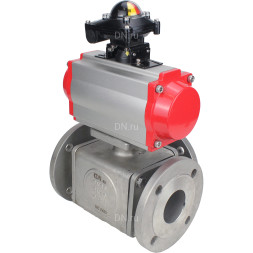 Кран шаровой BV3232P(4pc)-FP-3WL-F Ду25 Ру16 полнопроходной трехходовой, фланцевый, корпус - нержавеющая сталь SS316, с пневмоприводом PA-DA-052 двойного действия и БКВ APL-210N