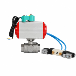 Кран шаровой BV3232P(4pc)-SP-3WT-T-ISO-H WDVF Ду25 Ру63 стандартнопроходной, 3-ходовой Т-тип, внутренняя резьба, нержавеющая сталь AISI 316, с пневмоприводом PA-DA-065, пневмораспределителем 4V320-08 AC220V и магнитным переключателем ALS200D