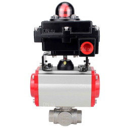 Кран шаровой BV3232P(4pc)-SP-3WL-T-ISO-H Ду65 Ру40 стандартнопроходной трехходовой L-тип, нержавеющая сталь SS316, внутренняя резьба, уплотнение - PTFE, с пневмоприводом PA-SA-105 и блоком концевых выключателей APL-410N EX