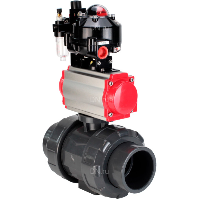 Кран шаровой BV4242E-FP-GRM-ISO Дн20 Ру10 полнопроходной, корпус - НПВХ, шар - НПВХ, уплотнение - EPDM, с пневмоприводом PA-SA-052, пневмораспределителем 4M310-08 DC24V, БКВ APL-510N EX и БПВ AFC2000 в Барнауле